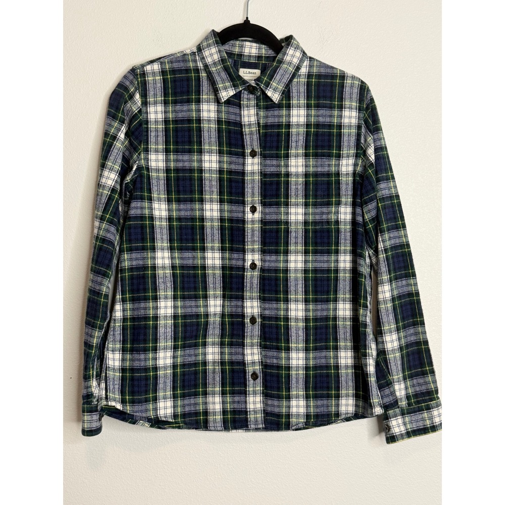 LL Bean Relaxed Fit Flannel Shirt Women's Small Plaid Navy Green Button Up
